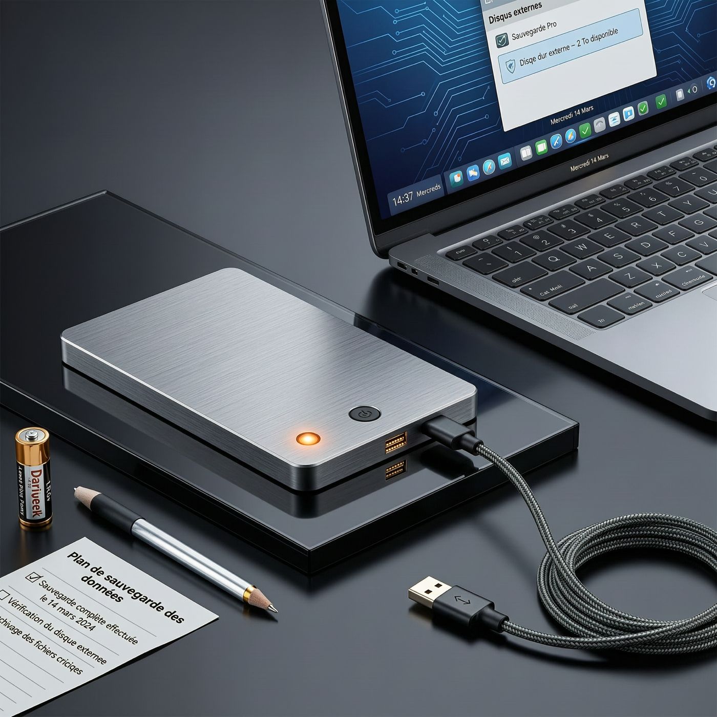 Sauvegarde : disque dur externe connecté à un ordinateur